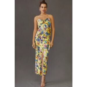 Anthropologie Strapless Midi Dress Floral Silk Blend Yellow Blue Pink Small